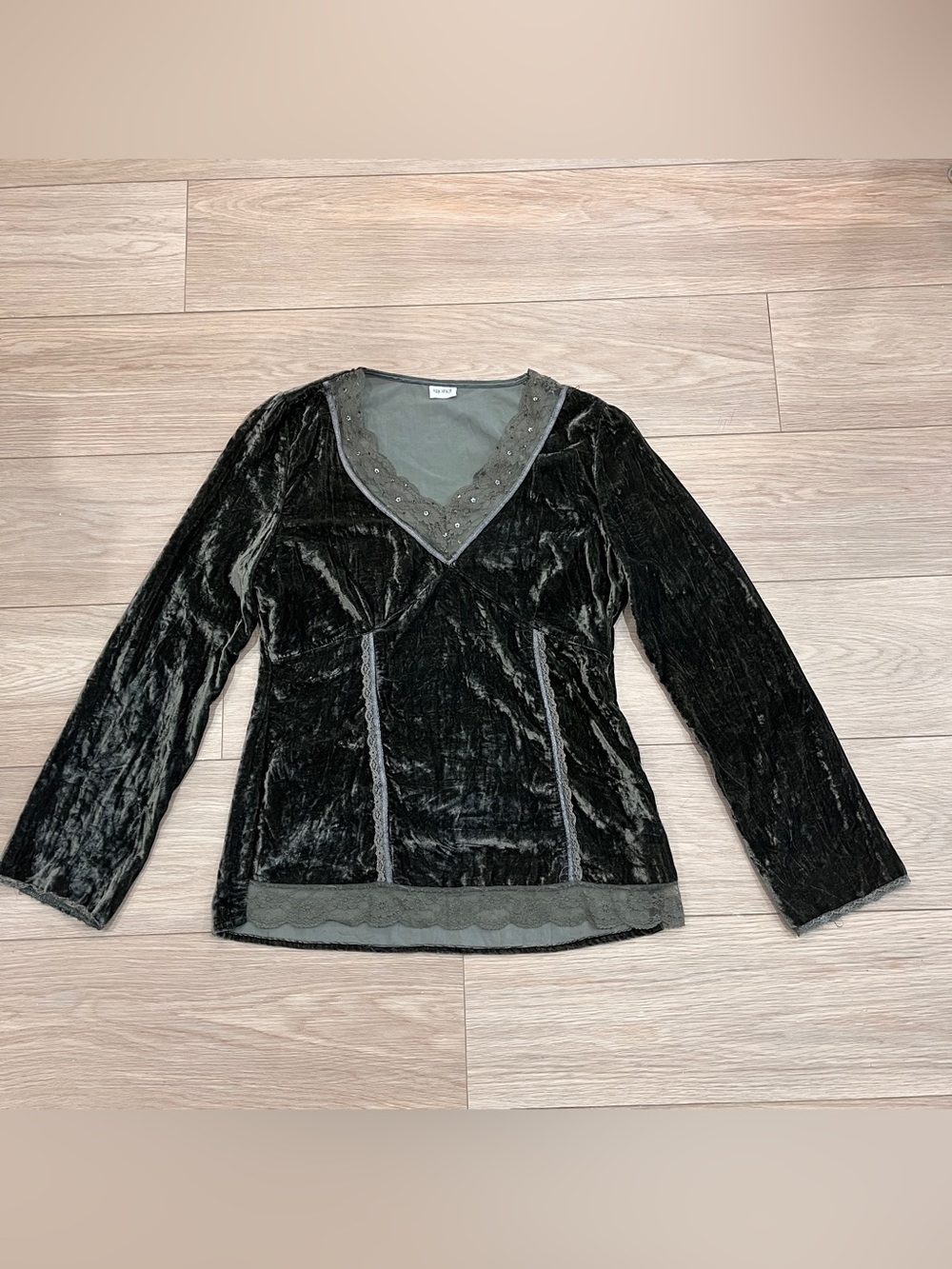 Together Y2K Green Crushed Velvet Lace Trim Long Sleeve Top Whimsygoth Boho